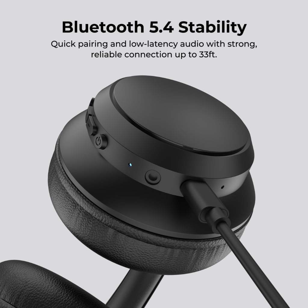 Black headphones with Bluetooth 5.4 stability text on a light gray background