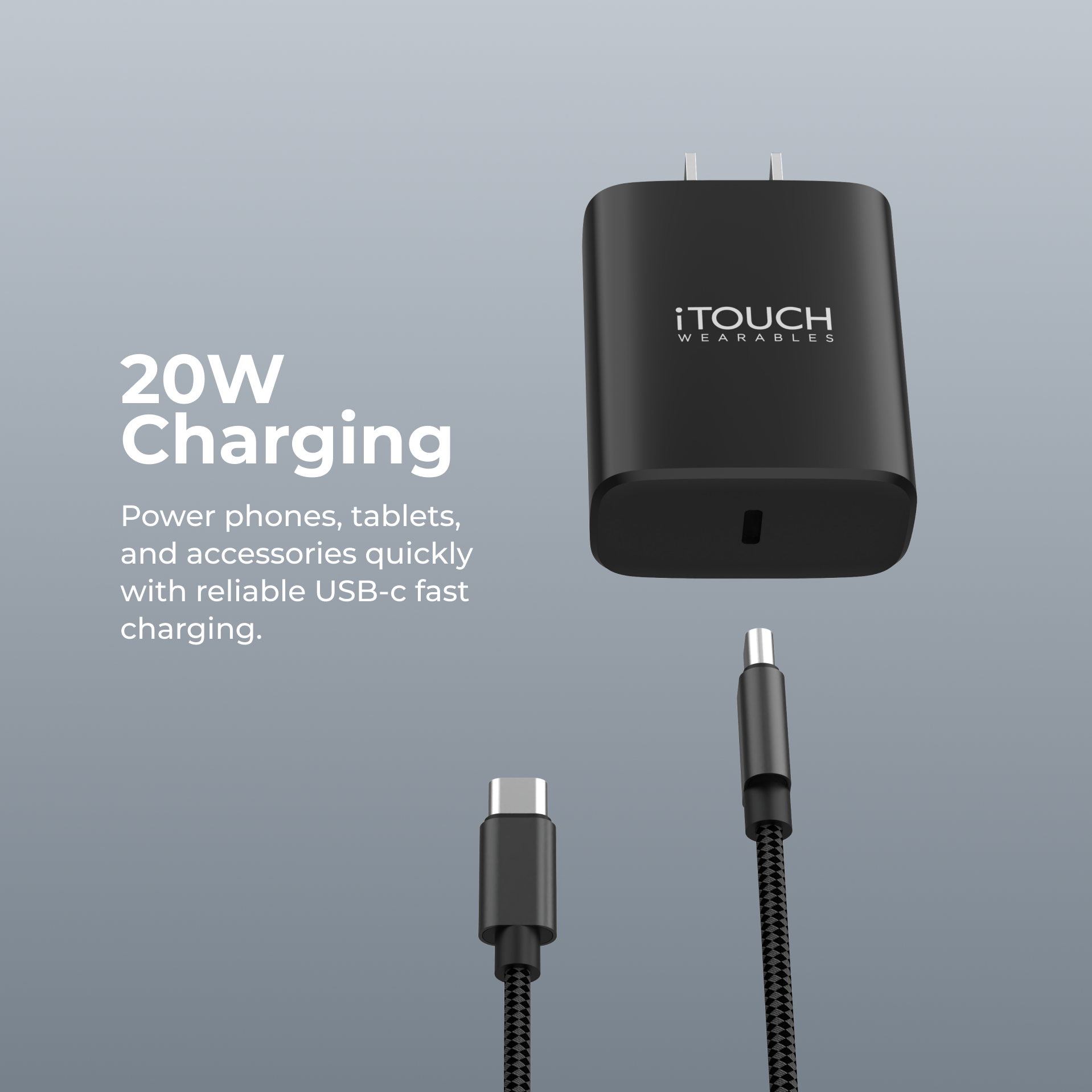 Black charging adapter with USB-C cable on a gray background, featuring 'iTouch' branding.