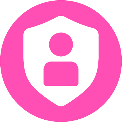 Pink icon of a person inside a shield with a pink circle around it on a white background