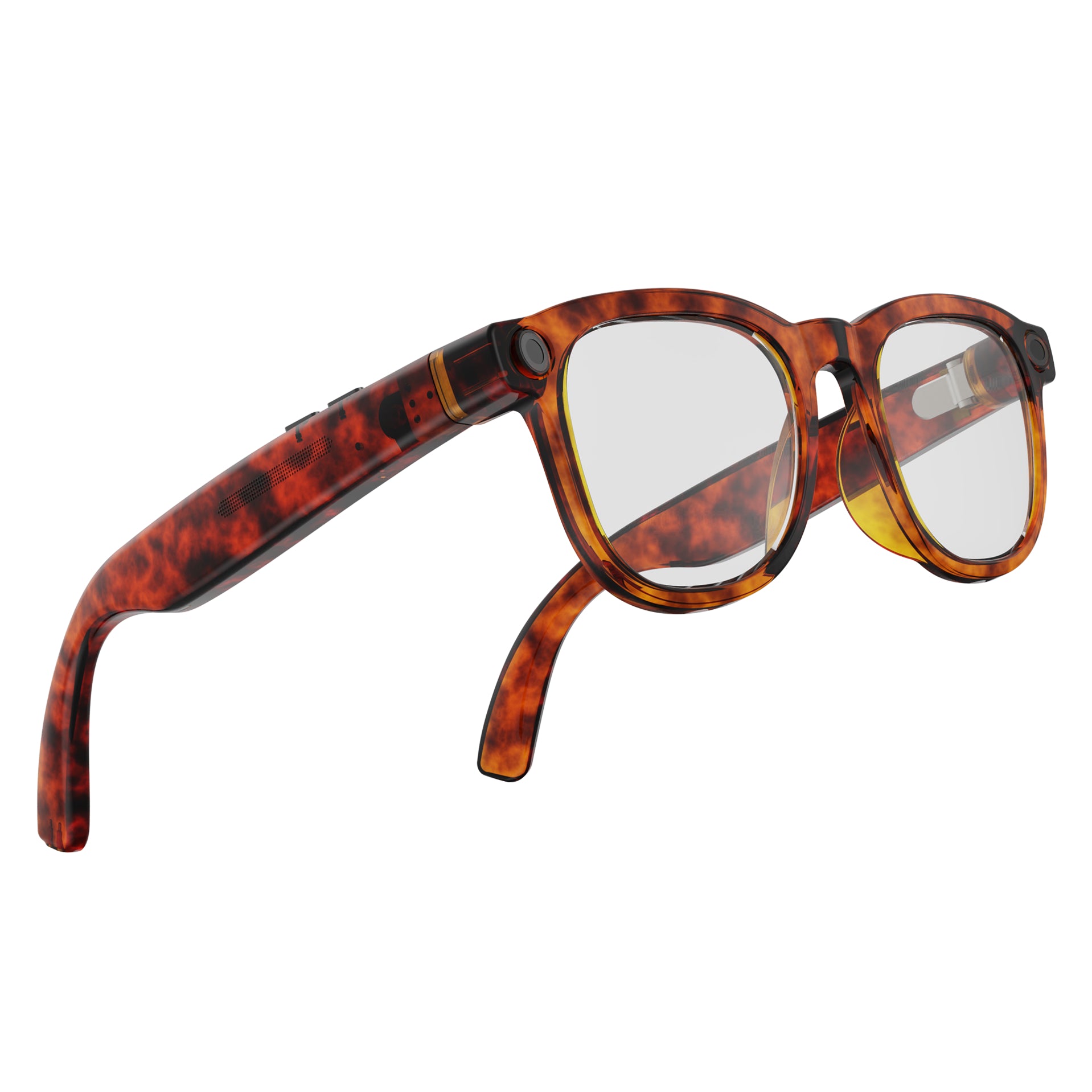 Tortoiseshell acetate eyeglasses with a thick square frame and clear lenses, shown from a three-quarters angle on a white background.