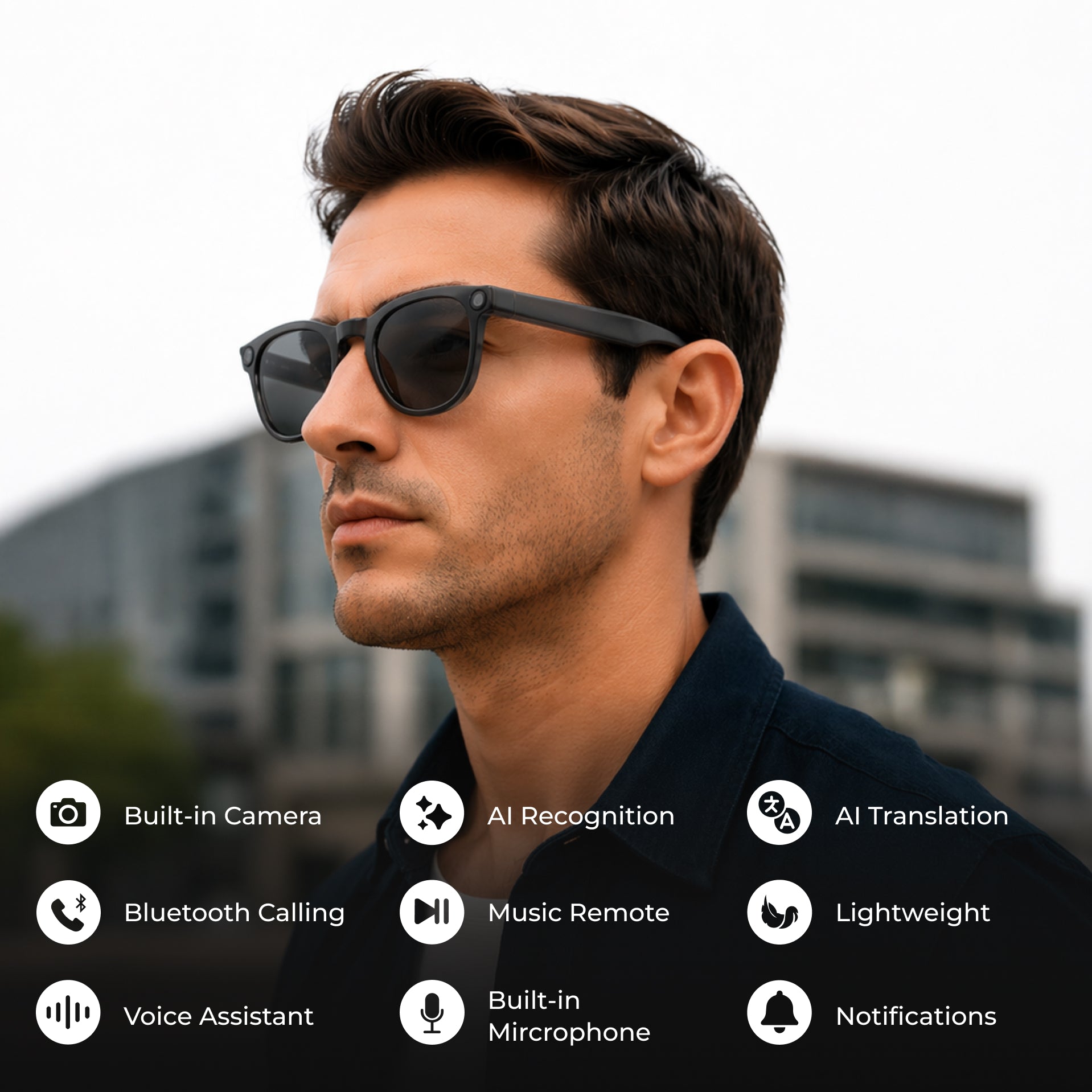 A man in profile wearing black smart sunglasses with a blurred outdoor city background. Overlaid text highlights features such as built-in camera, AI recognition, AI translation, Bluetooth calling, music remote, lightweight design, voice assistant, built-in microphone, and notifications.