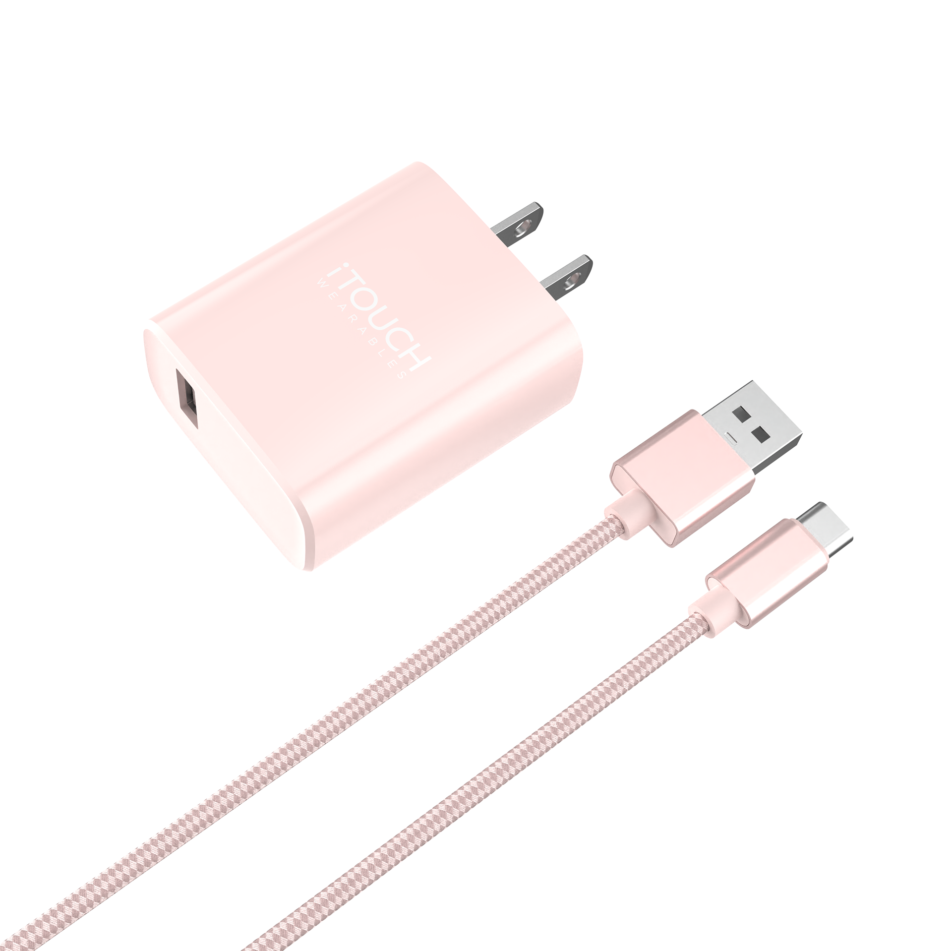 Pink charging adapter and cable set on a white background
