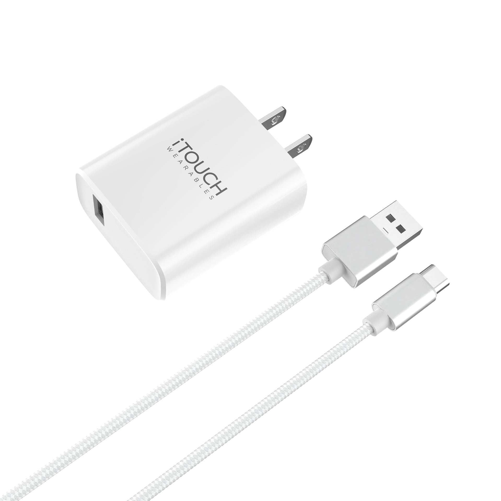 White charging adapter and cable with 'iTouch' branding on a white background