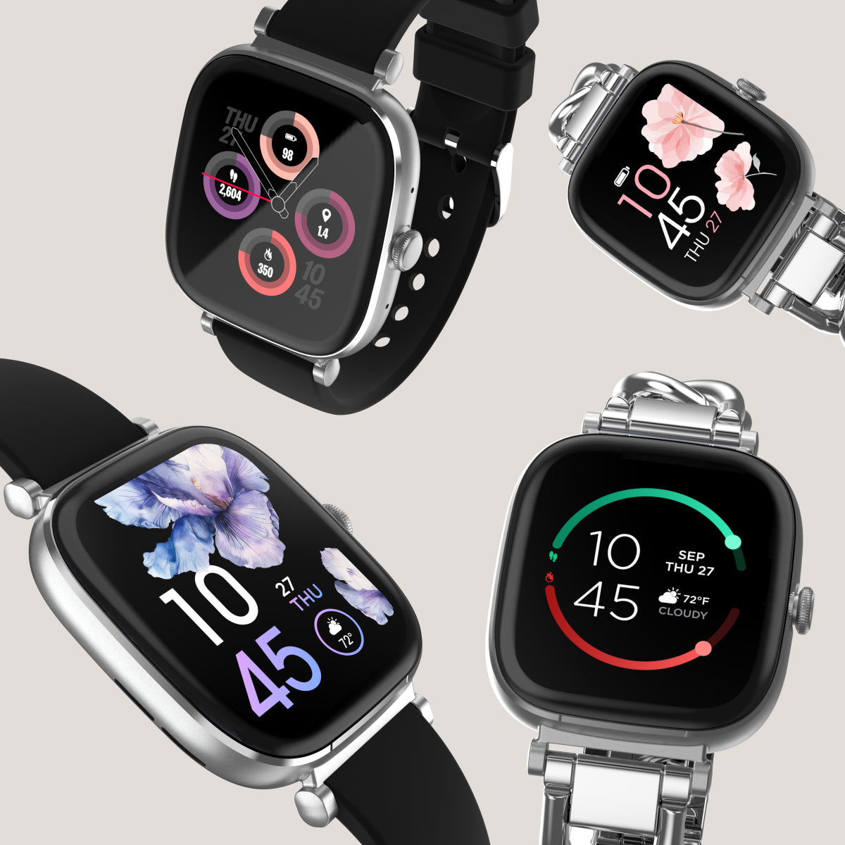 Four smartwatches with different designs and display content on a light gray background