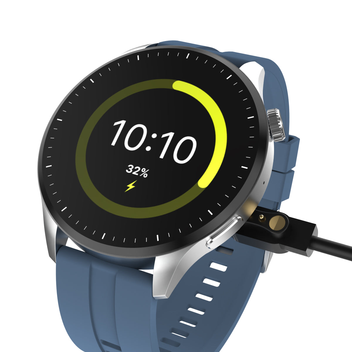 Smartwatch charging with blue strap displaying time and battery percentage on a white background