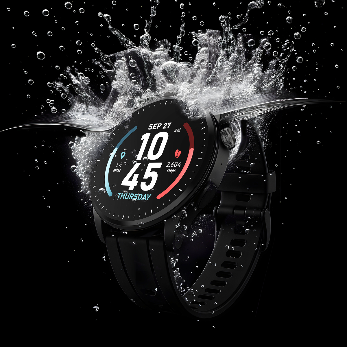 Black smartwatch with water splashing around it on a black background