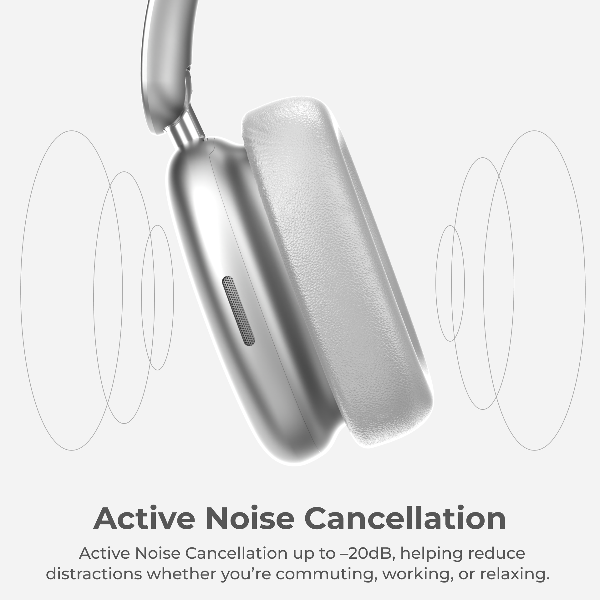 Silver headphones with active noise cancellation feature on a light gray background