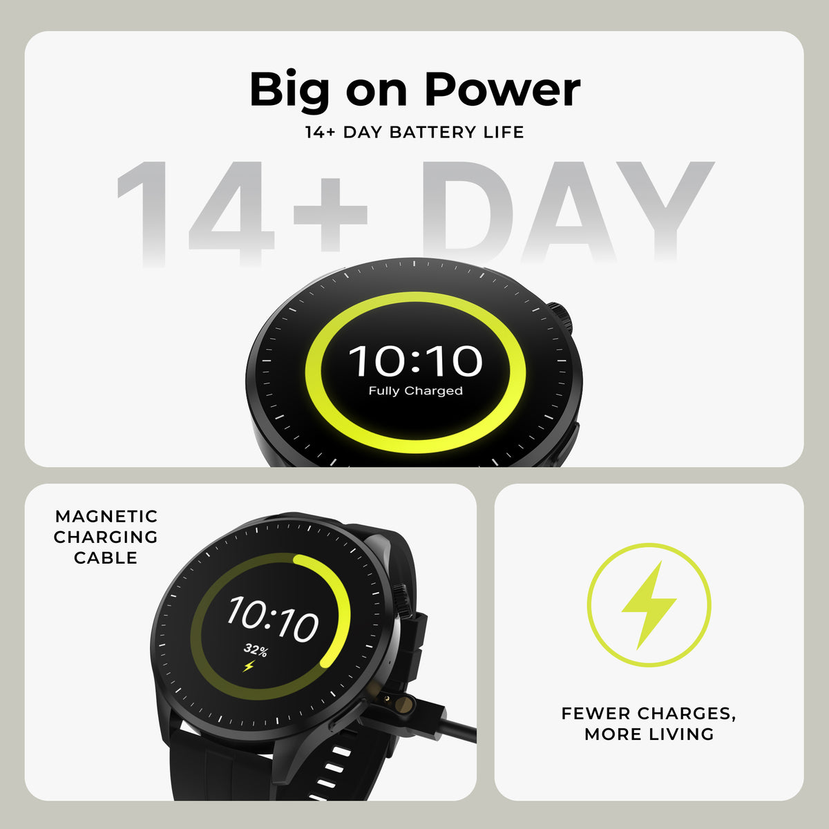 Promotional graphic for a smartwatch showing the watch face, charging cable, and text highlighting 14+ day battery life, magnetic charging cable, and fewer charges, more living.