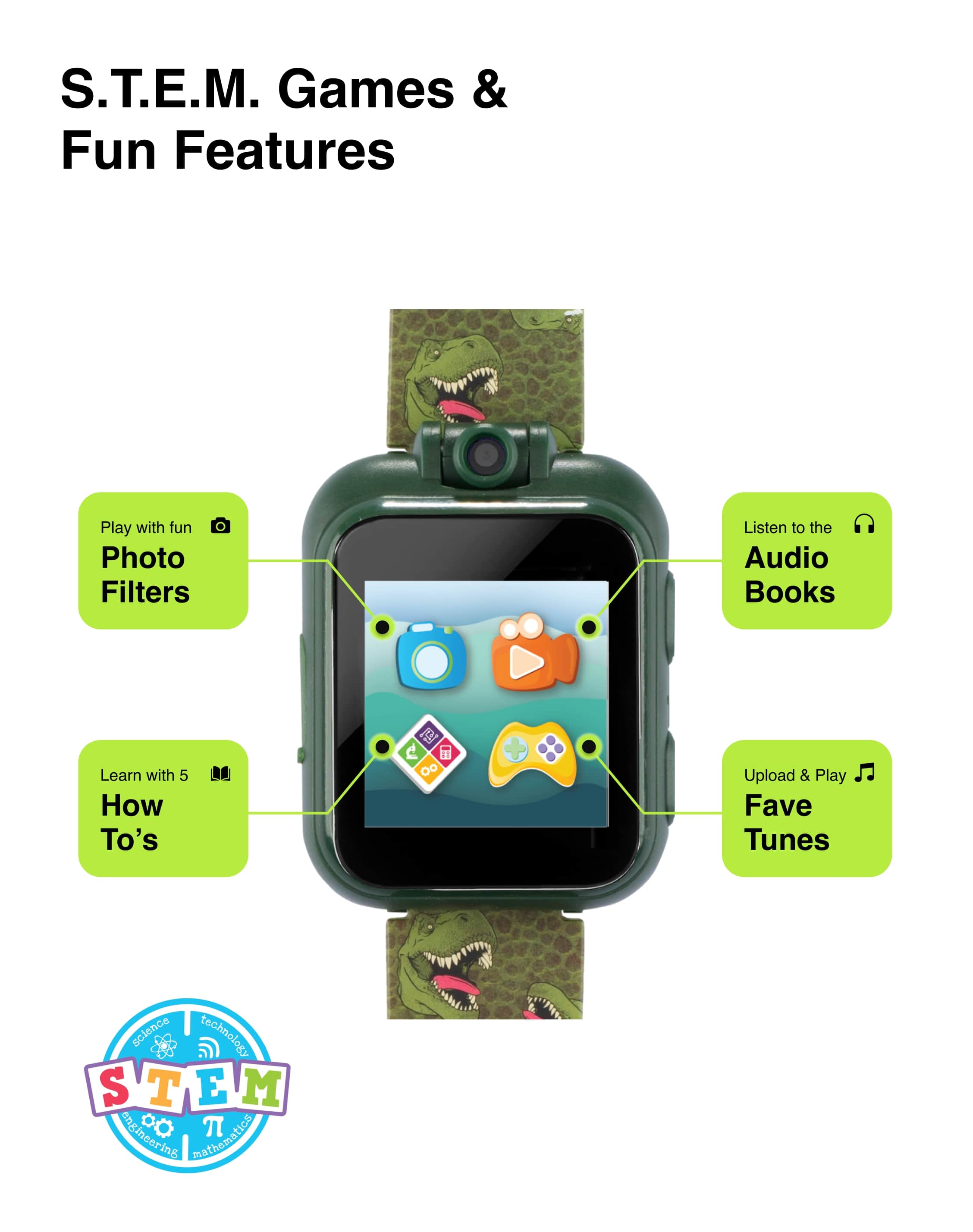 PlayZoom 2 Kids Smartwatch with Headphones: Green Dinosaur affordable smart watch with headphones